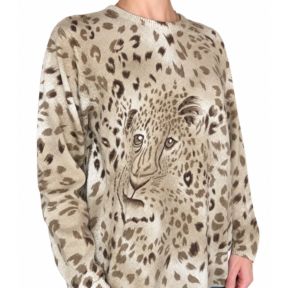 Vintage Alfred Dunner Wool Leopard Print Big Cat Graphic Knit Sweater